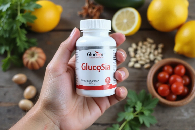 A hand holding a Glucosilad supplement bottle, with a blurred background of natural ingredients like herbs and fruits, symbolizing wellness and health.