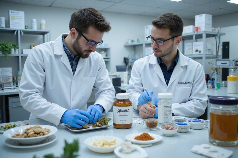 Laboratory research and development of Glucosilad supplements, showing scientists in white coats working with natural ingredients and advanced equipment.